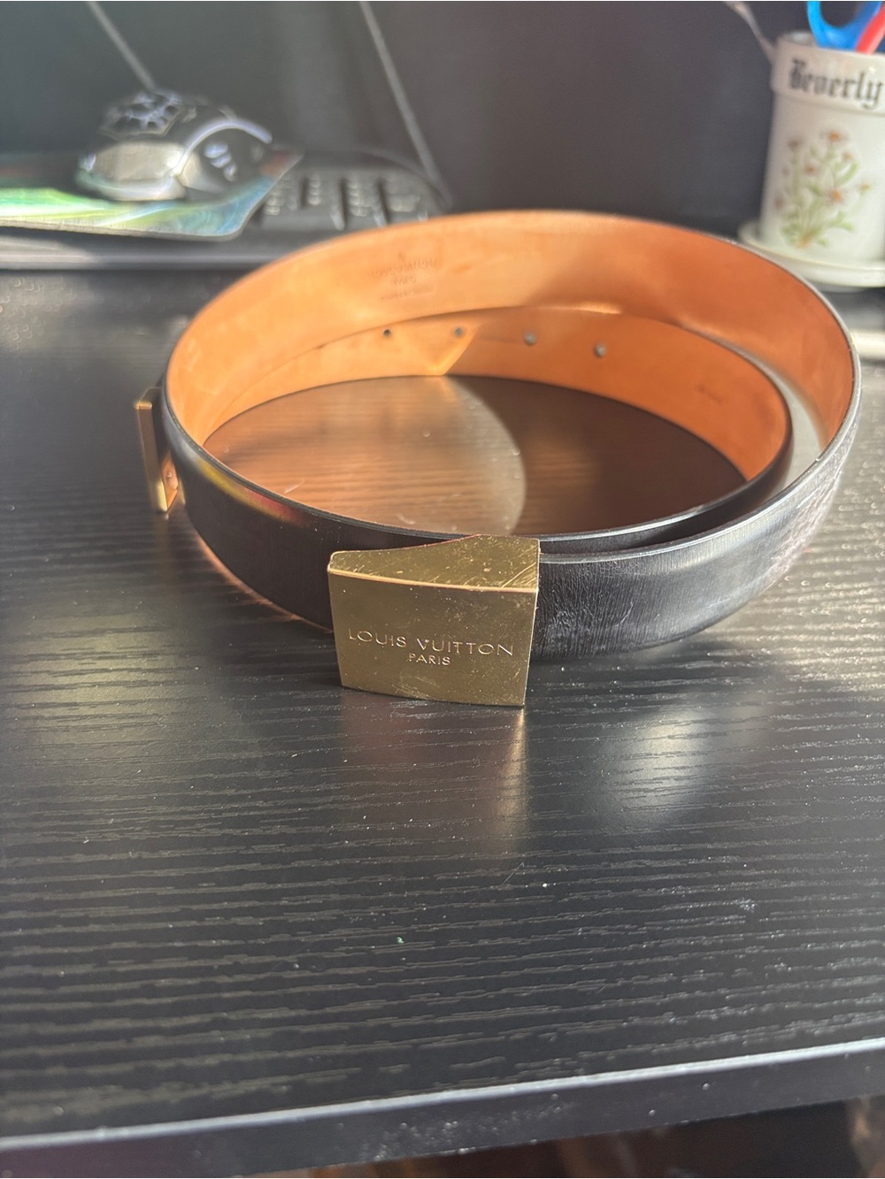 Louis Vuitton vintage Black Leather Belt with Gold Logo Buckle
